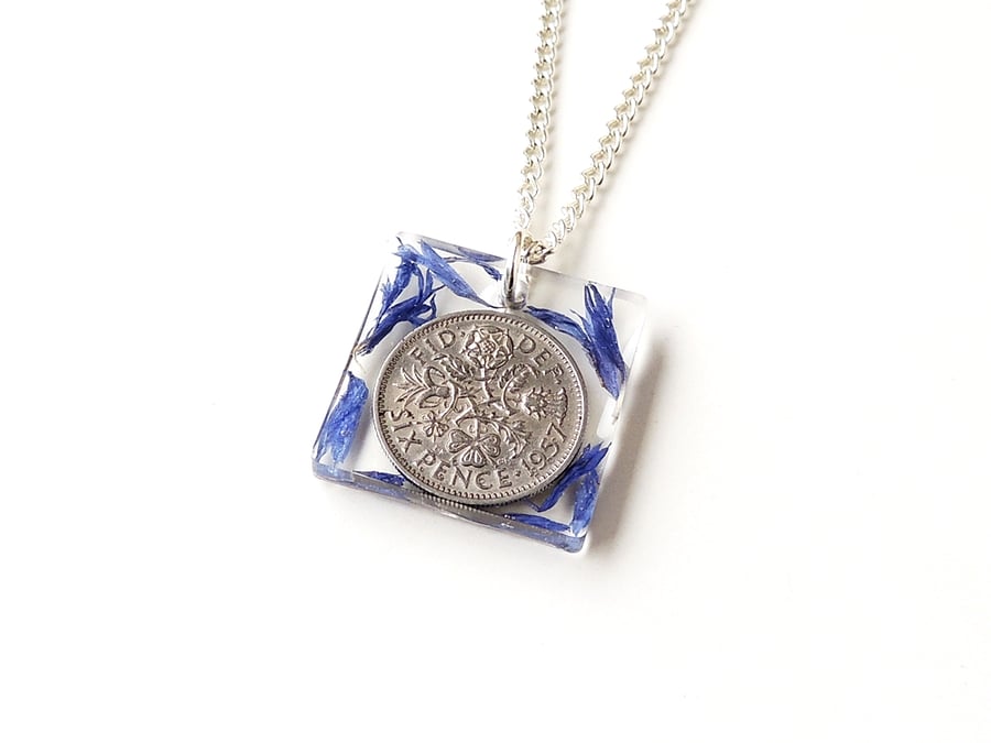 1957 Lucky Sixpence and Blue Flower Resin Pendant  (1189)