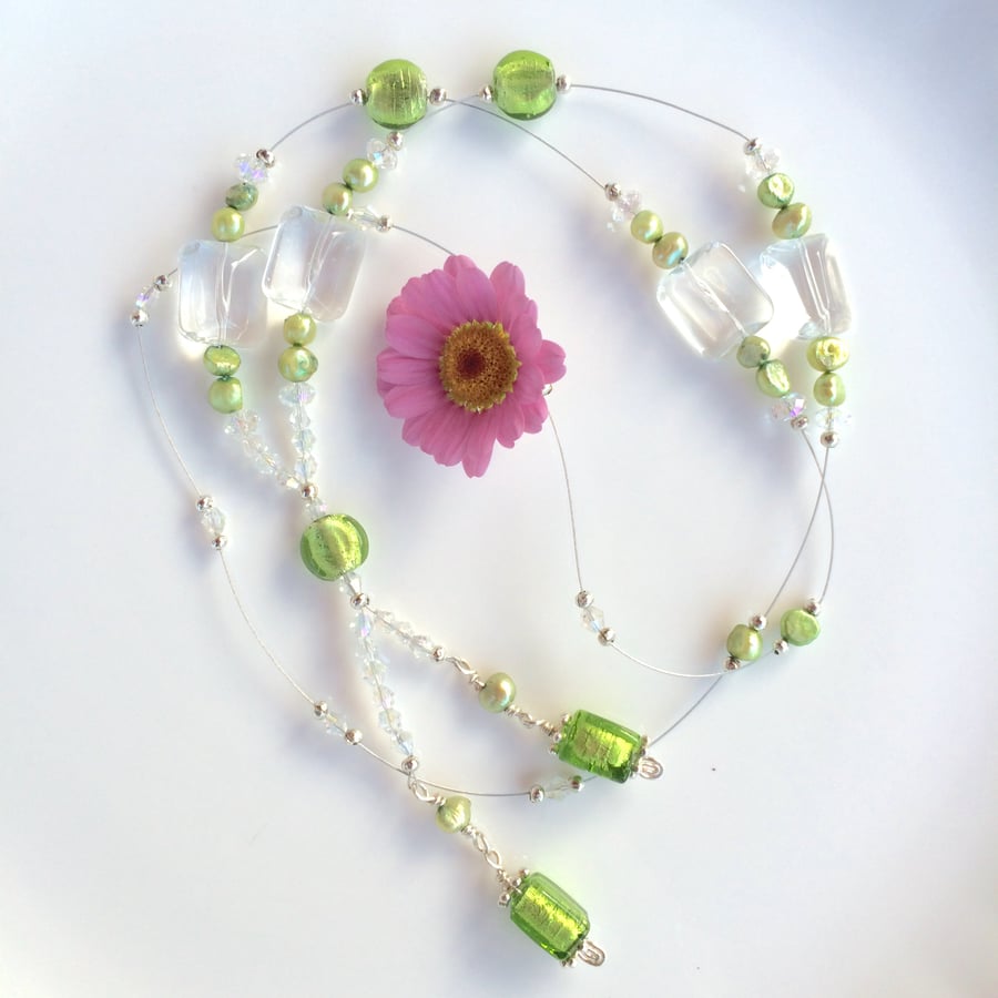 Green Long Necklace, Pearl, Crystal & Foil Beads, Lime Colour