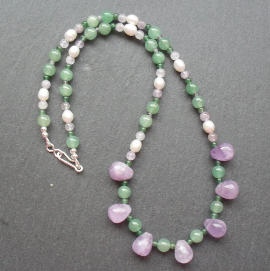 Amethyst, Aventurine and Cultured Pearl Sterling Silver Necklace
