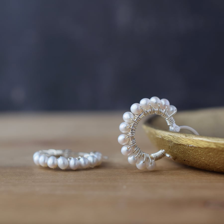 Pearl Wrapped Silver Hoop Earrings