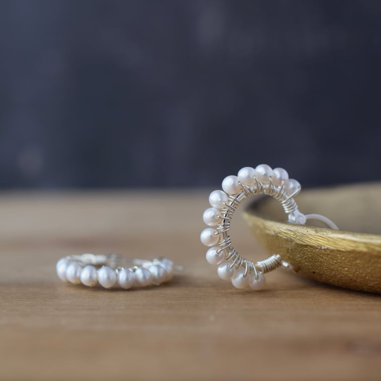 Pearl Wrapped Silver Hoop Earrings