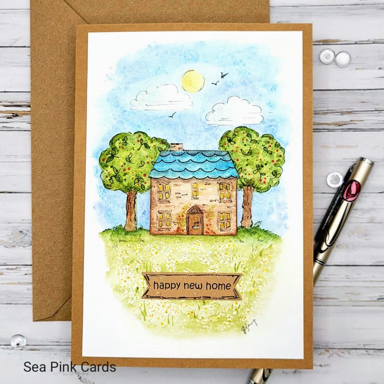 New Home Card - hand-painted, original art, cottage, apple trees