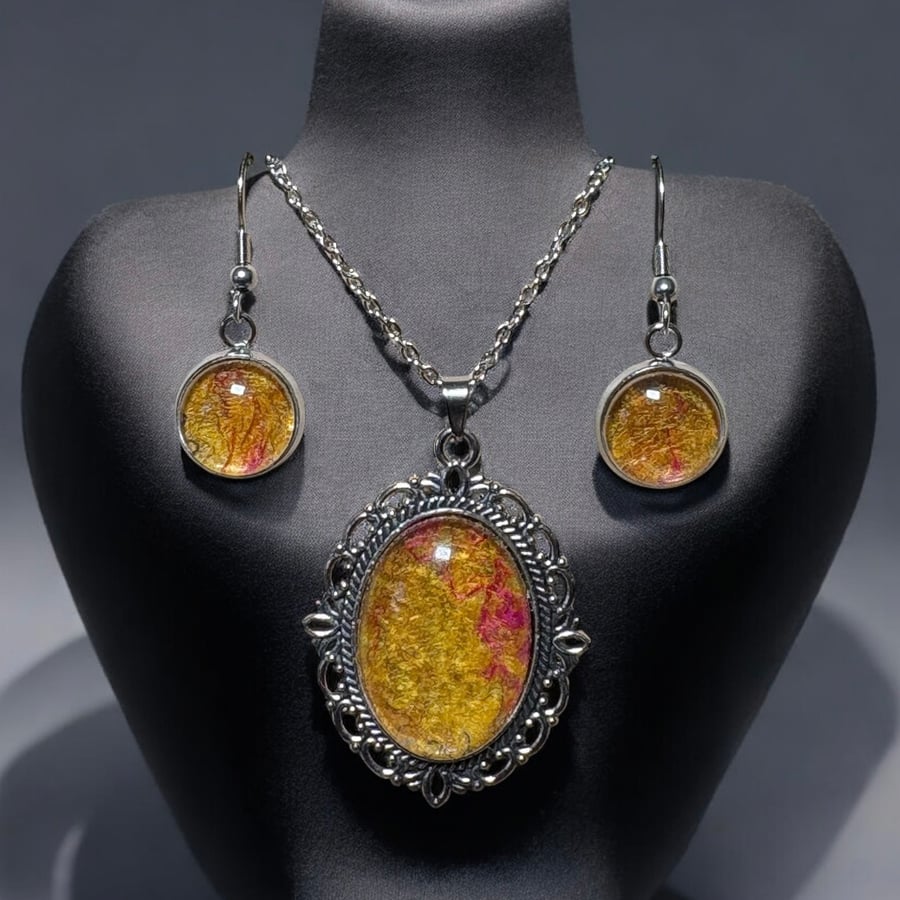 Necklace and earrings set, yellow felt & silk fibres under glass cabochon