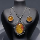 Necklace and earrings set, yellow felt & silk fibres under glass cabochon