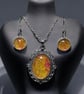 Necklace and earrings set, yellow felt & silk fibres under glass cabochon