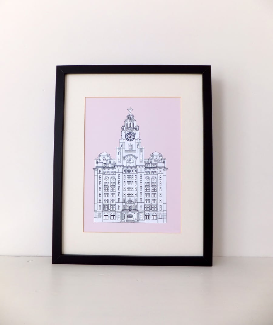 Liver Building  Print - Liverpool illustration in soft pink