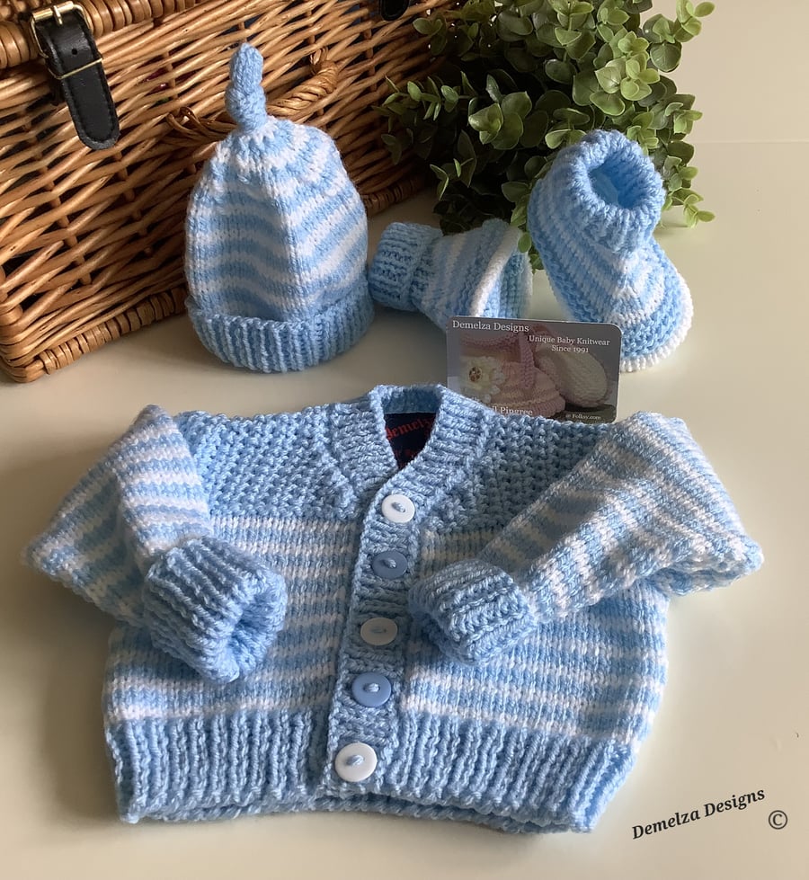 Designer Hand Knitted  Baby Boys Cardigan, Hat & Booties Set 3-6 months 