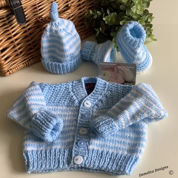 Hand Knitted  Baby Boys Cardigan, Hat & Booties Set 3-6 months 