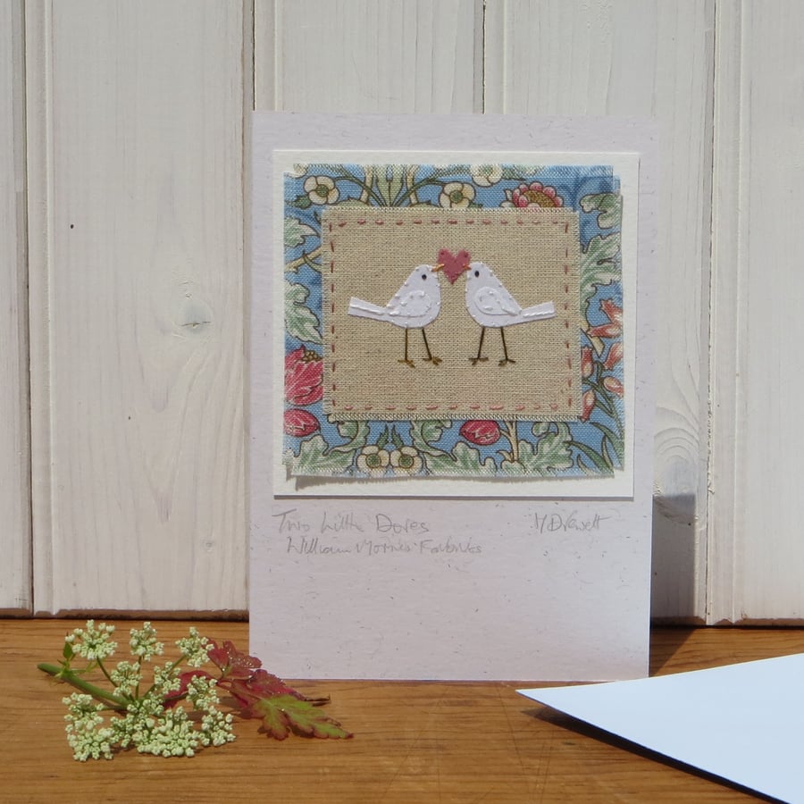 Two Little Doves hand-stitched miniature textile on card, anniversary, twins....