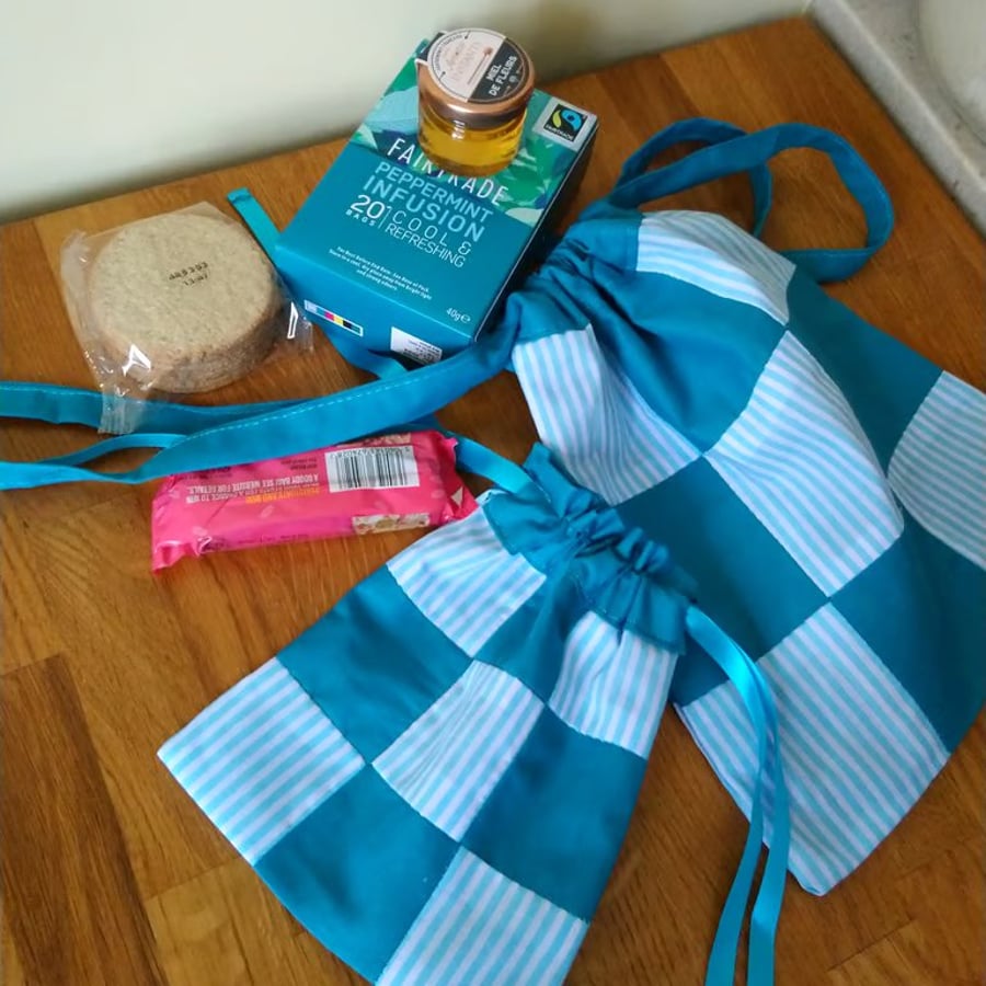 Image of Pair of patchwork drawstring bags, gift bags, project bags. Choice of colours