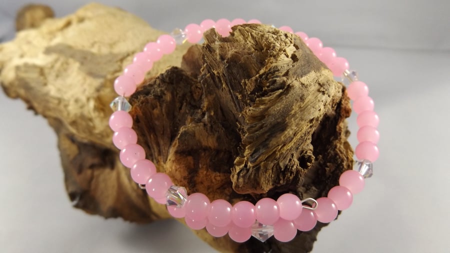 Glass Pink beads and crystal memory wire bracelets