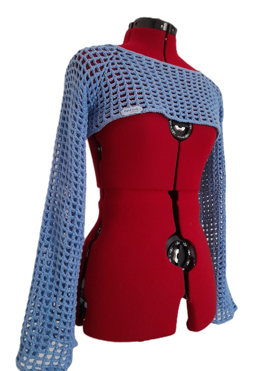  Mesh Crochet Crop Top, Sexy Cotton Shrug, Blue Netting Shrug with Long Sleeves
