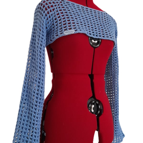  Mesh Crochet Crop Top, Sexy Cotton Shrug, Blue Netting Shrug with Long Sleeves