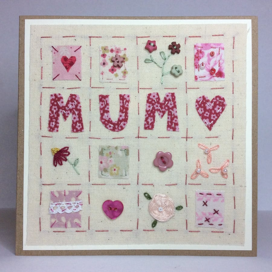 Patchwork Mum hand embroidered textile card