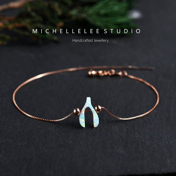 Opal Wishbone  Opal Bracelet with 925 Sterling Silver Chain
