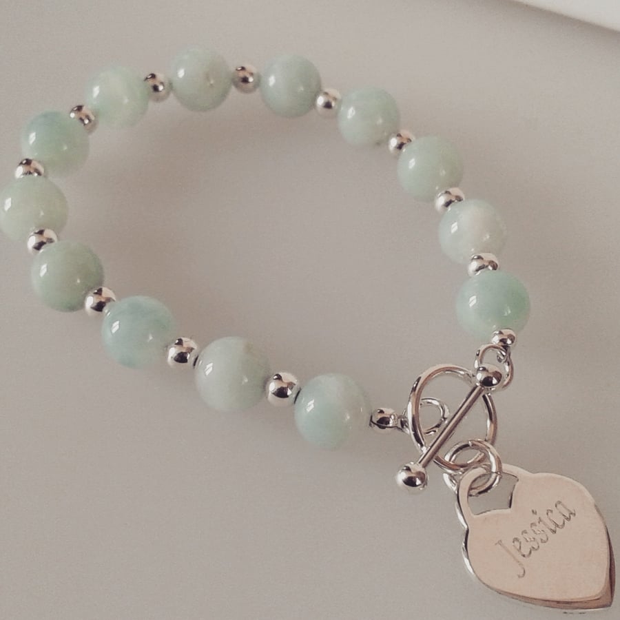 Personalised Sterling Silver Heart Charm and Green Amazonite Bracelet 