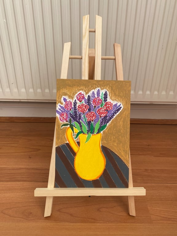 Pink Roses & Lavender in Yellow Jug - Original Oil Pastel Art-Floral Still Life 