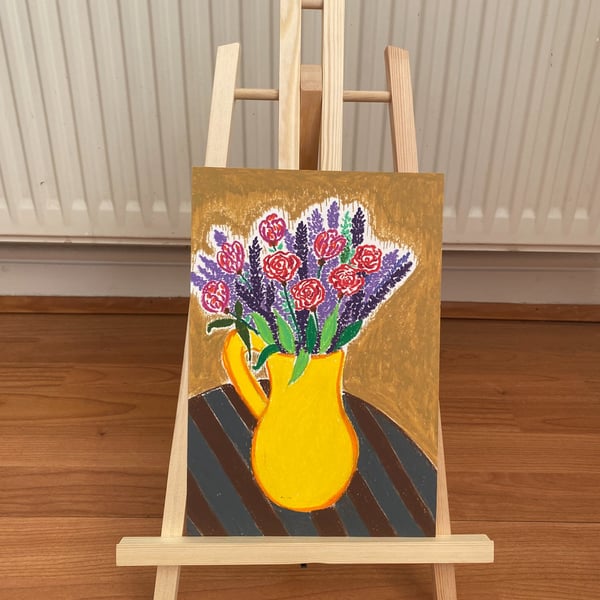 Pink Roses & Lavender in Yellow Jug - Original Oil Pastel Art-Floral Still Life 