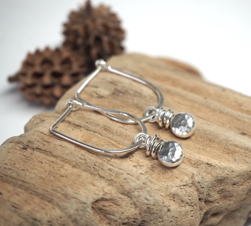 Recycled Silver Earrings, Hoop Pebble Earrings, hammered silver