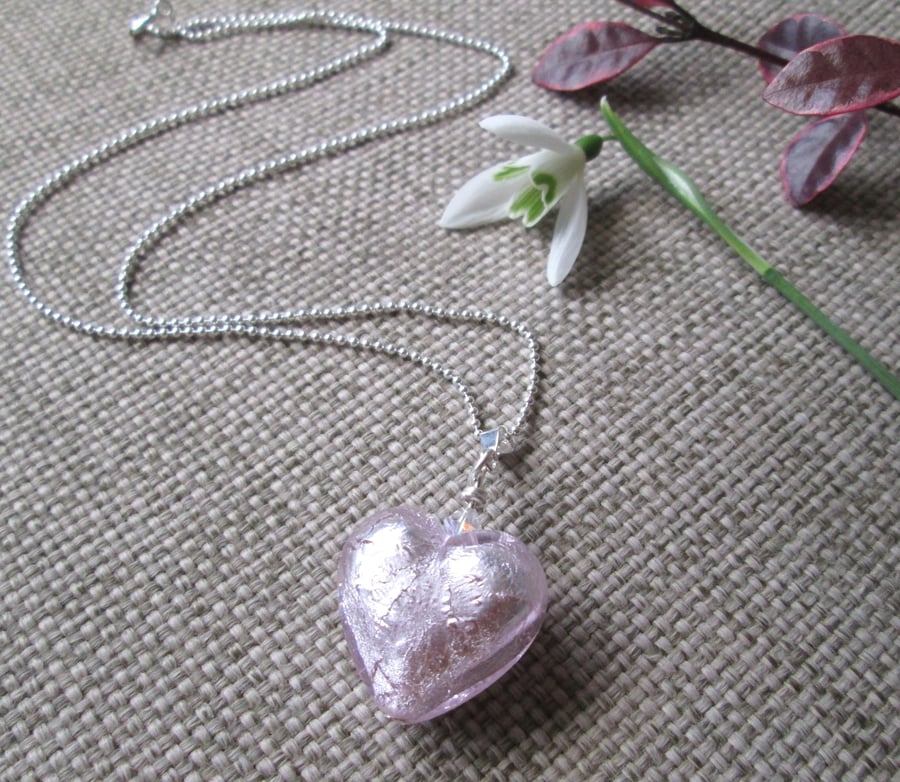 Pink Murano Glass Heart Pendant Necklace, with Swarovski crystal 