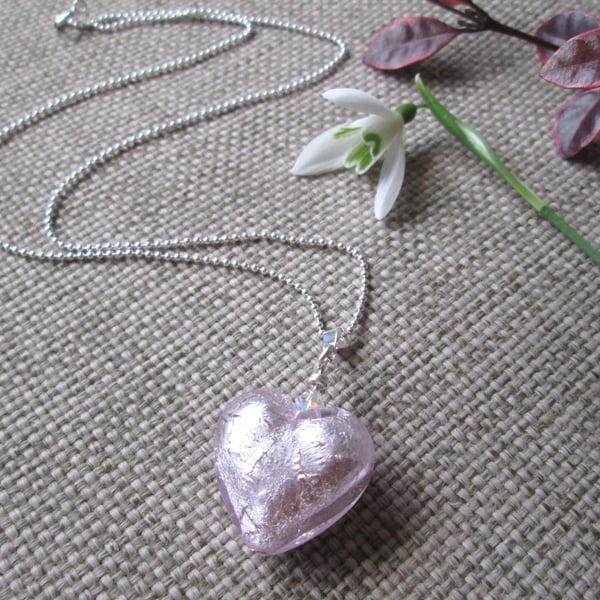 Pink Murano Glass Heart Pendant Necklace, with Swarovski crystal 