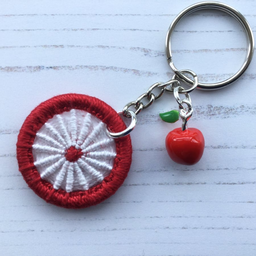 Bag Charm Keyring with Dorset Button and Apple Charm