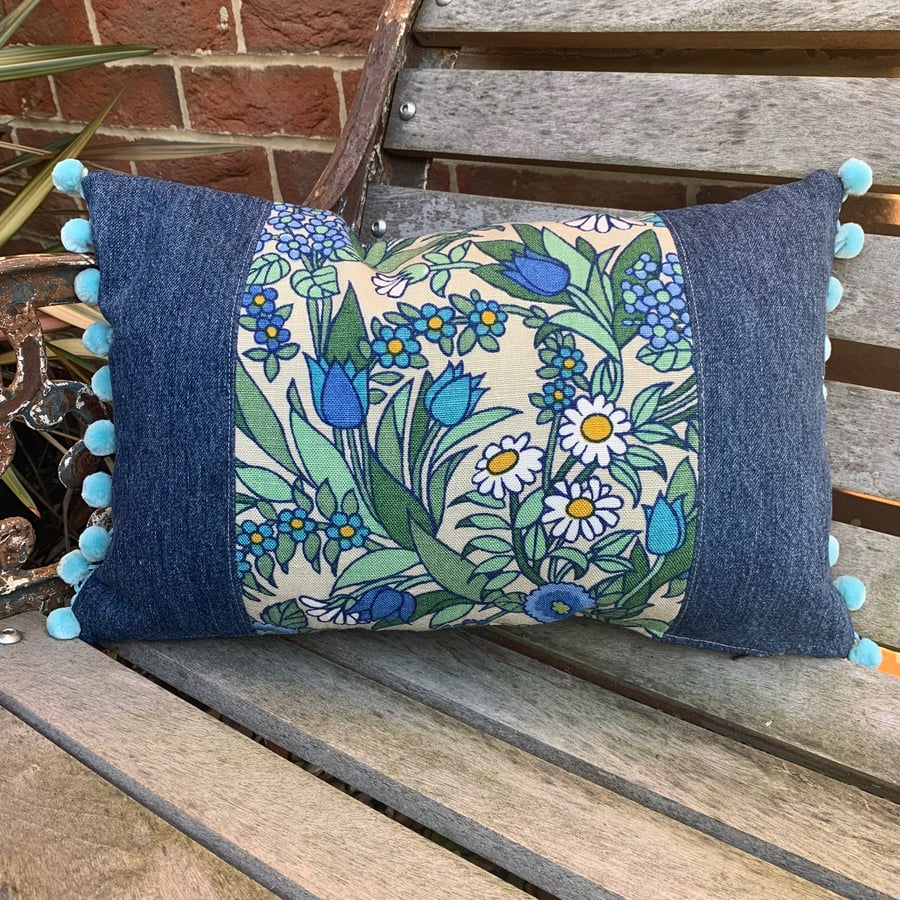 Flower Waltz and reclaimed denim cushion cover with pompoms