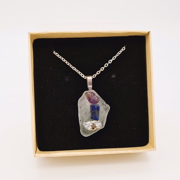 Sea Glass Pendant Necklace Amethyst, Lapis Lazuli, Sodalite, Gift Boxed