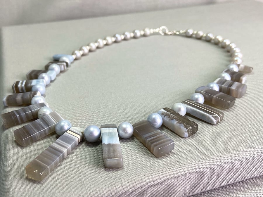 Graduated Bar Opal with Chalcedony & Cultured Pearl Sterling Silver Necklace