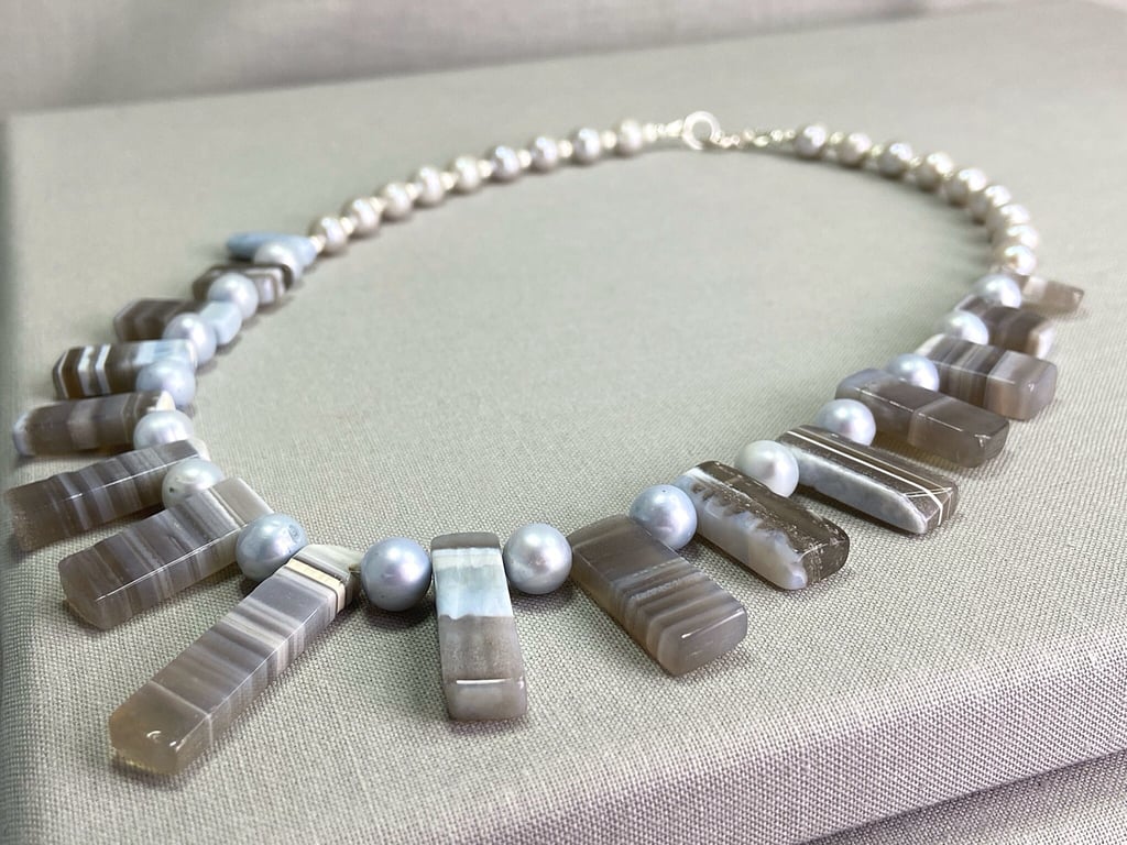 Graduated Bar Opal with Chalcedony & Cultured Pearl Sterling Silver Necklace