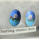 BEAUTIFUL ENAMELLED STUD EARRINGS IN STERLING SILVER BEZEL