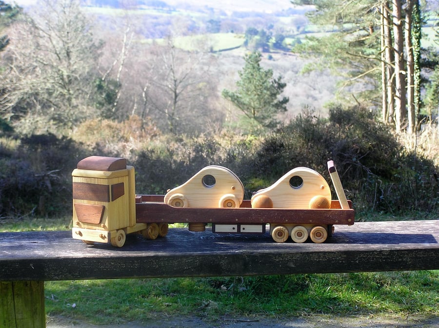 Wooden toy articulated  "LOW LOADER"  with Funny Cars. Haulage Memorials Display