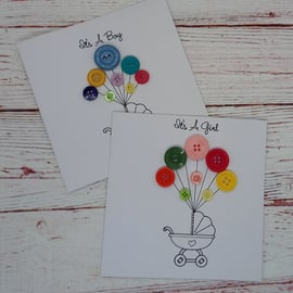 New Baby Card, Baby Boy Baby Girl Card, Hand-drawn Pram with Button Balloons
