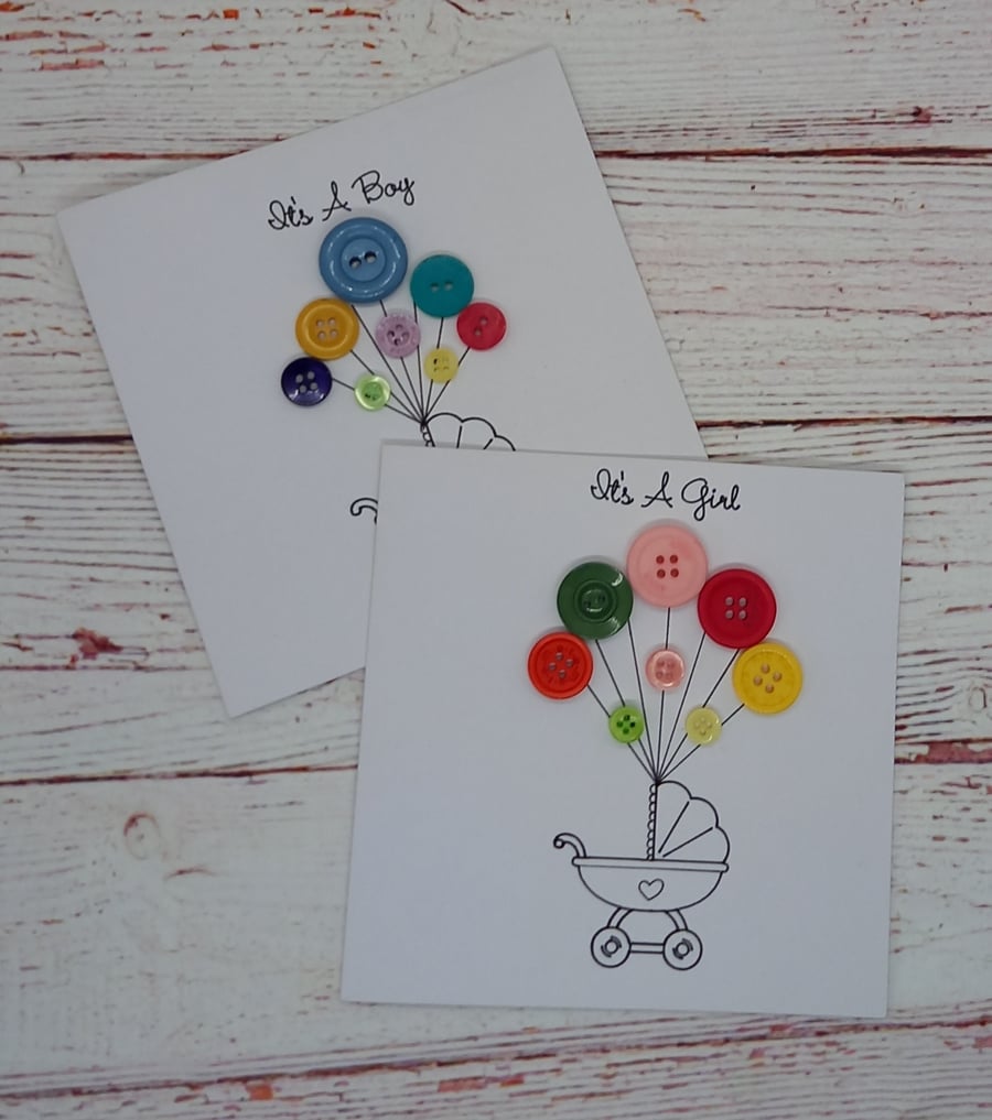 New Baby Card, Baby Boy Baby Girl Card, Hand-drawn Pram with Button Balloons