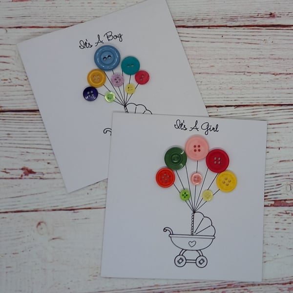 New Baby Card, Baby Boy Baby Girl Card, Hand-drawn Pram with Button Balloons