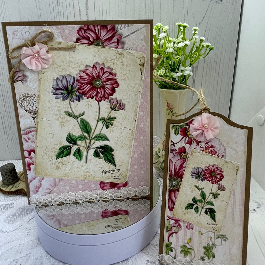 Greeting Card - Vintage Floral card and tag by Carolee Crafts - C107