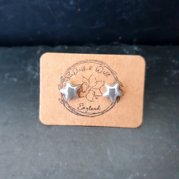 Smokey Grey Pearlized star stud earrings. Recycled Glass. Hypoallergenic.