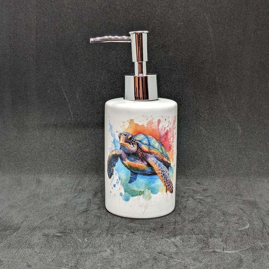 Decoupage ceramic soap dispenser holder with images of a Sea Turtle