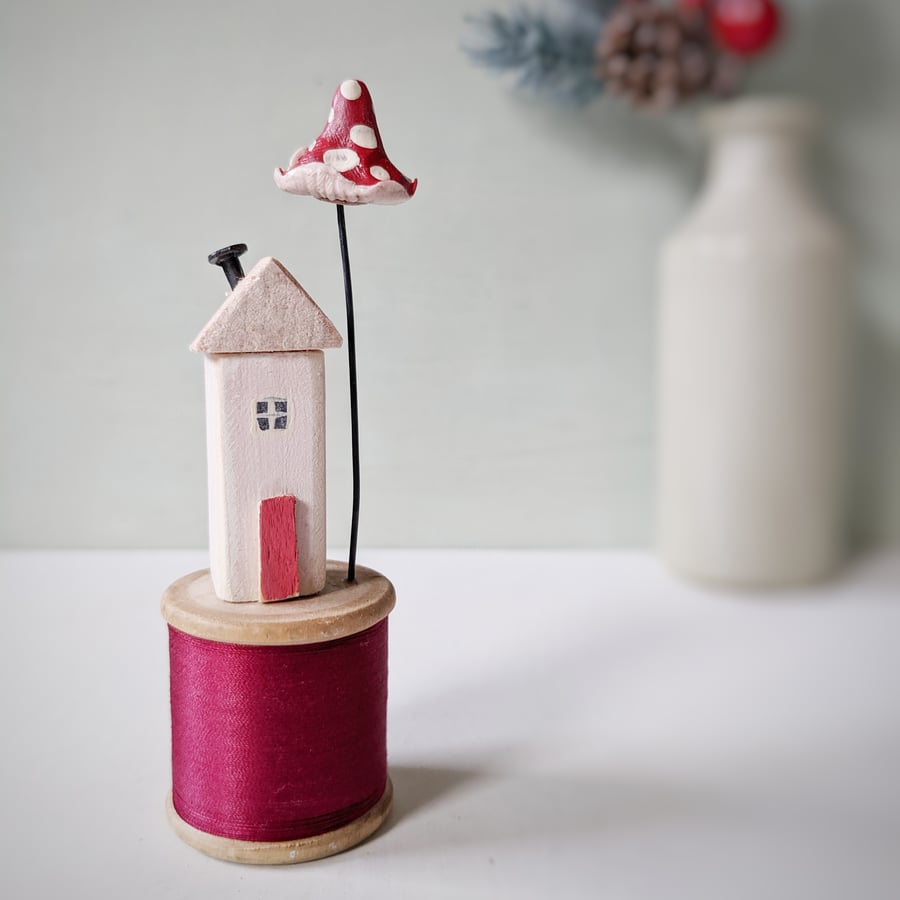Little House on a Vintage Wood Bobbin with Clay Toadstool