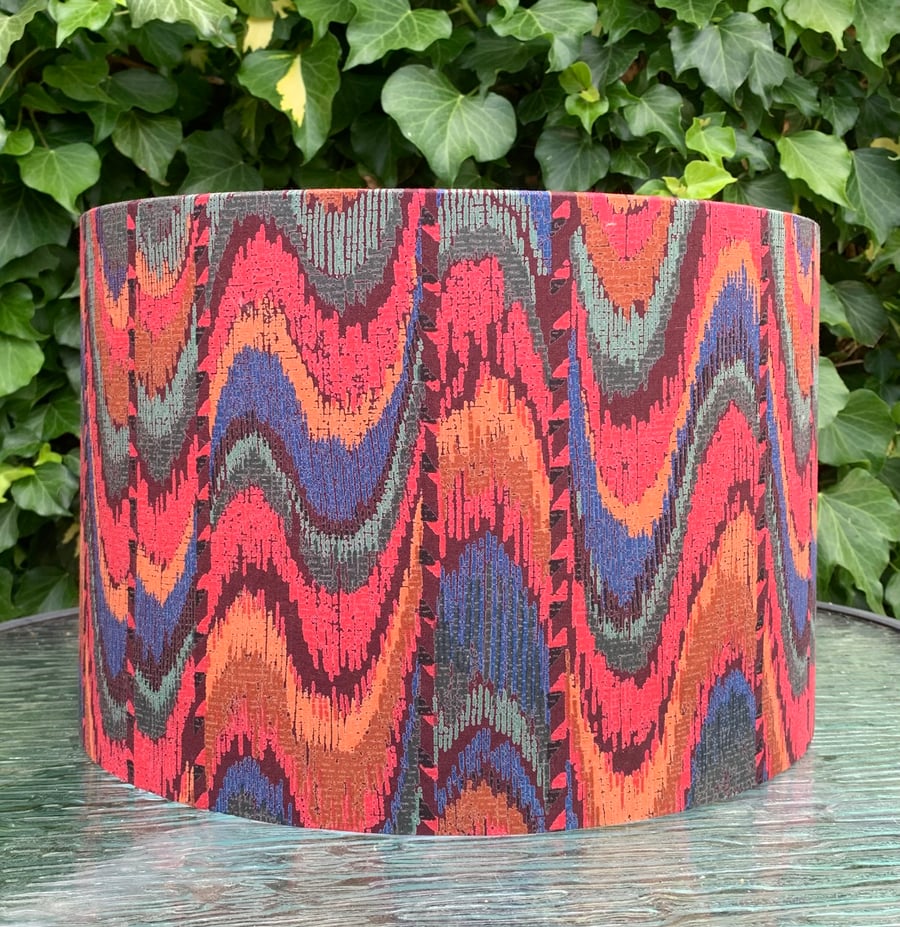 80s Flame Red Blue Florentine Bargello Style VIntage fabric Lampshade