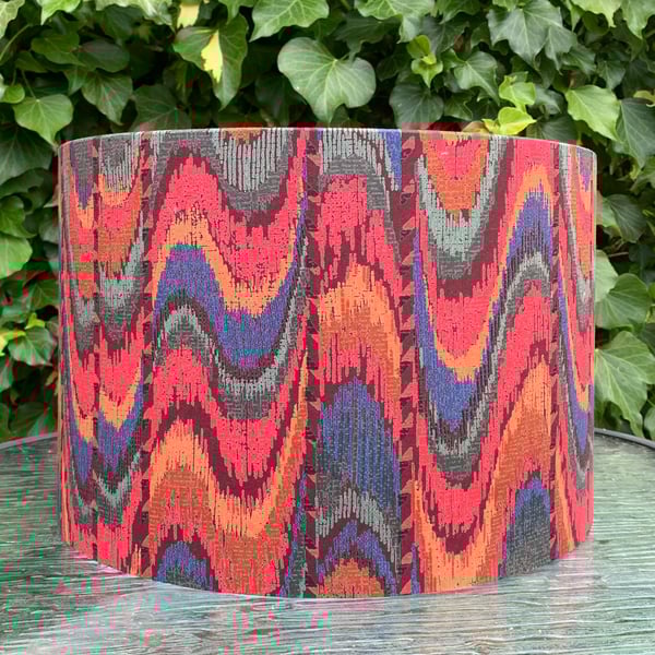 80s Flame Red Blue Florentine Bargello Style VIntage fabric Lampshade