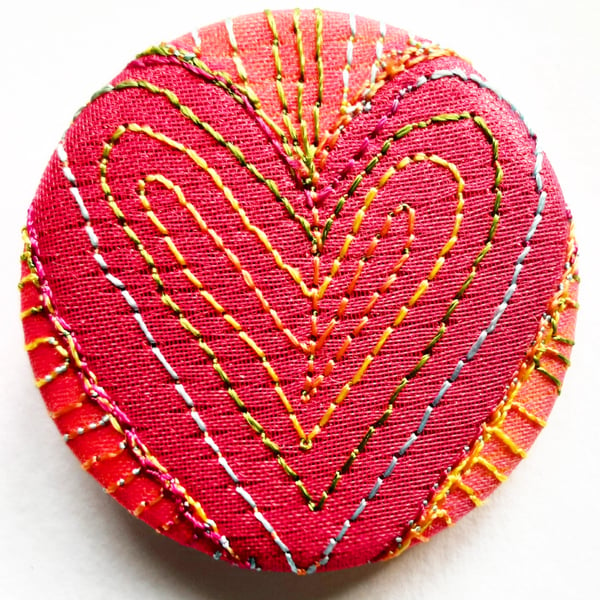 38mm Hand Dyed Fabric Heart Badge with Free Machine Embroidery 