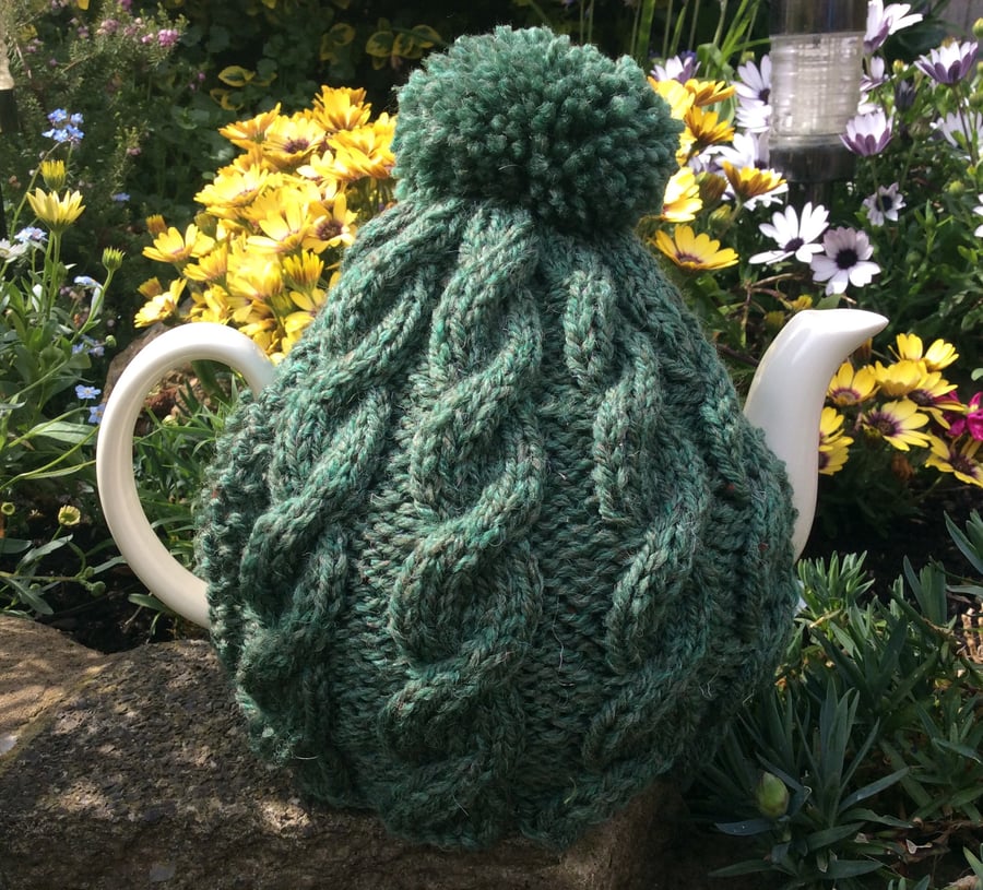 Aran cable Tea Cosy - green tweed tea cosy, woolly hug for your 6 cup pot