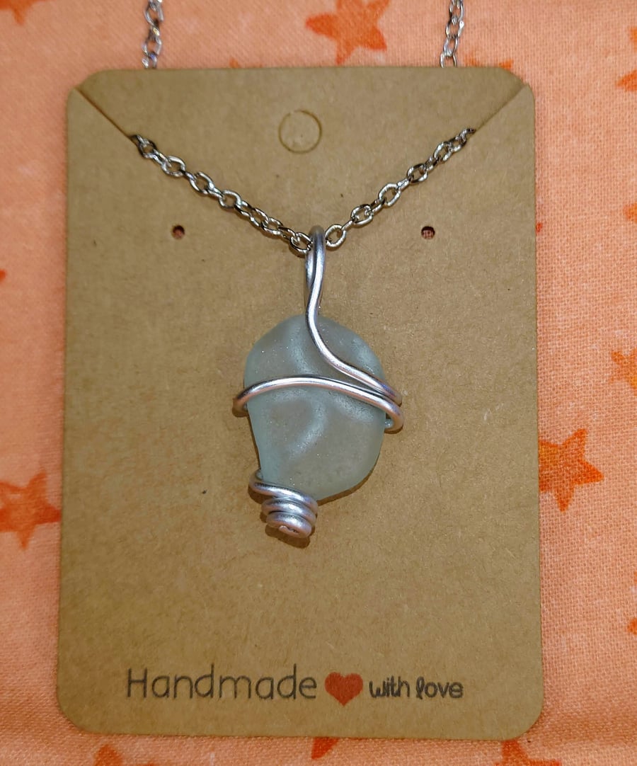 Seaglass Pendant Pebble - Turquoise & Silver