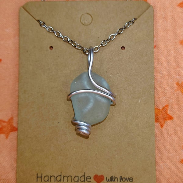 Seaglass Pendant Pebble - Turquoise & Silver