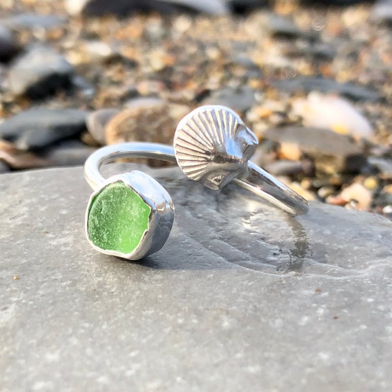 Green Sea Glass and Scallop Shell Sterling Silver Spiral Adjustable Ring - 1241