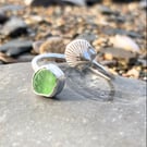 Green Sea Glass and Scallop Shell Sterling Silver Spiral Adjustable Ring - 1241
