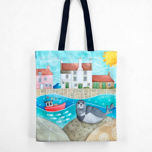 Seal Shopping Bag - Seaside Tote Bag - Fishing Boat & Harbour - Coastal Nautical