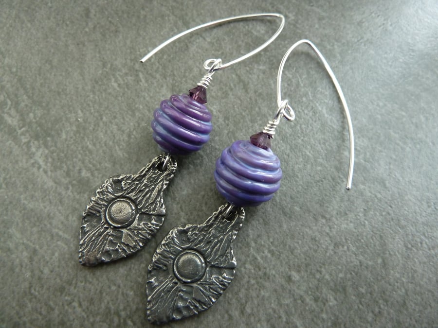 sterling silver, purple lampwork and pewter shield earrings
