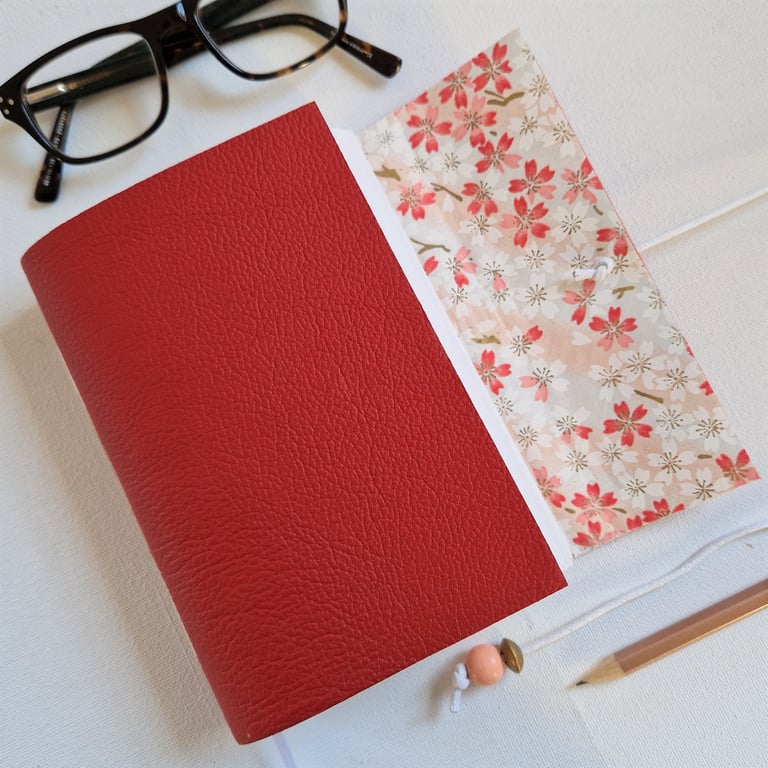 Red Leather Spring Blossom Journal, Notebook or Sketchbook, Chiyogami Paper